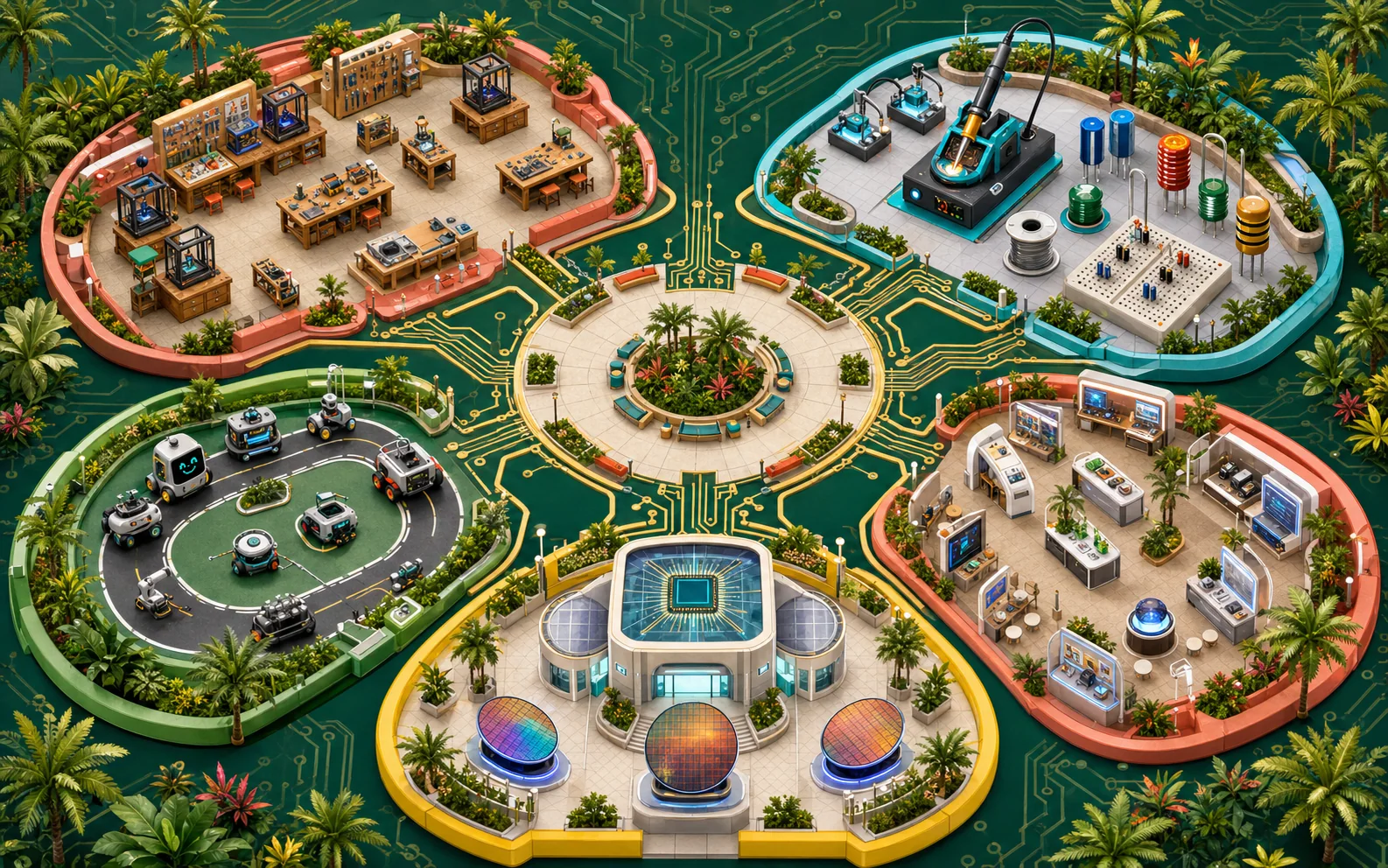 Mapa ilustrado de cinco zonas de hardware conectadas como un parque temático sobre una placa electrónica